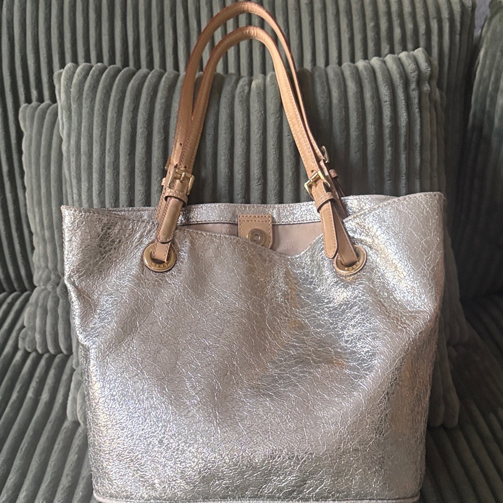 Michael Kors Silver Tote Bag with Tan Handles